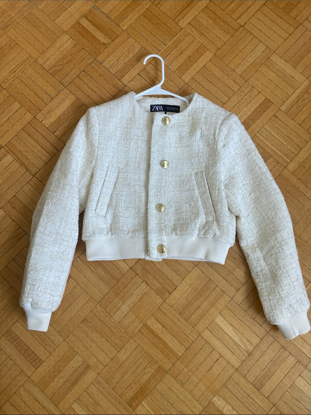ZARA Cream Tweed Cropped Jacket with Gold Trim